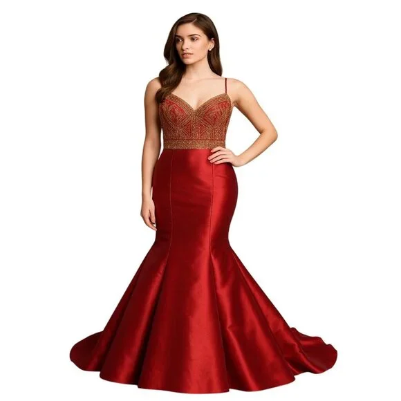 Mori Lee | Dresses | Elegant Beaded Red Satin Mermaid Larissa Gown Spaghetti Straps Flared Hem Size 6 | Poshmark Mori Lee | Dresses | Elegant Beaded Red Satin Mermaid Larissa Gown Spaghetti Straps Flared Hem Size 6 | Poshmark